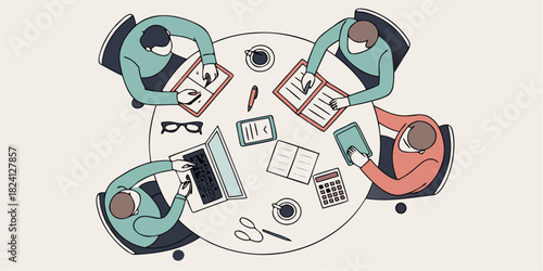 Productive team brainstorming innovative ideas and planning strategy around a table with laptops, notebooks, and coffee, fostering collaboration
