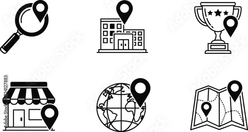Black Vector Icon Set for Location Tracking, Mapping, and Pinpoint Navigation, Featuring Magnifying Glass, Building, Trophy, Storefront, Globe, and Folded Map Symbols