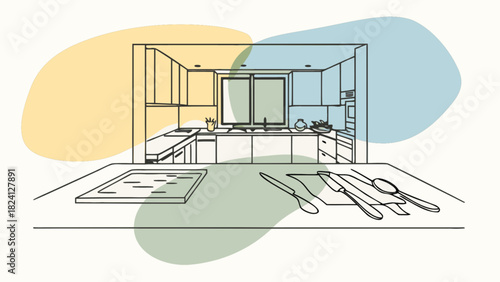 Modern kitchen interior sketch with cooking area and counter, minimalist design, abstract color blocks, home dining and food preparation space illustration, domestic culinary theme.