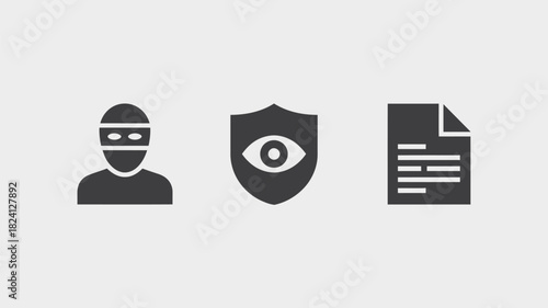 Three icons depicting a burglar a shield with an eye and a document on a light gray background