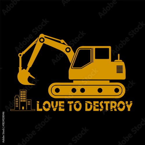Love to Destroy: Excavator Digging Machine with City Buildings Icon Illustrates Demolition, Construction, and Power