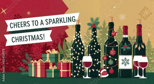 Festive wine bottles and glasses with Christmas gifts and greenery  