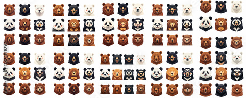 Large set of stylized bear heads vector illustration, featuring diverse species like grizzly, polar, black, panda, and sun bears on a white background.