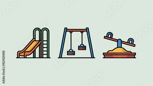 A simple illustration of a playground featuring a slide, swings, and a seesaw on a light background