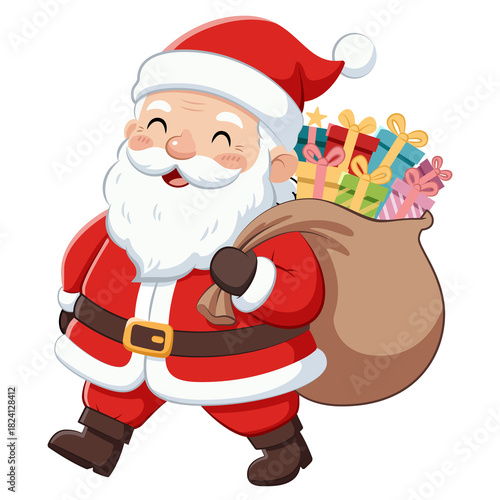 Santa Claus carries a big bag of presents to give out to children.