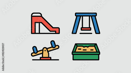 Illustration of a red slide blue swing yellow seesaw and a green sandbox on a light gray background