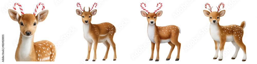 Fototapeta premium Whimsical christmas watercolor collection, A playful illustration of a fawn adorned with candy cane antlers, showcasing its charming features and youthful appearance.