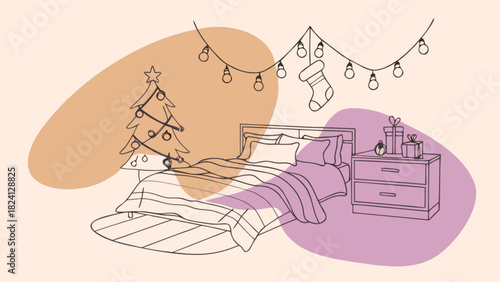 Cozy holiday bedroom illustration with a decorated christmas tree, festive string lights, a hanging stocking, and a bedside table adorned with gifts and ornaments.