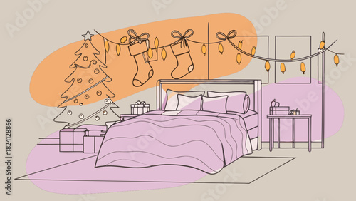 Cozy festive bedroom interior illustration with a decorated christmas tree, glowing string lights, hanging stockings, and wrapped gifts beside a comfortable bed, evoking holiday spirit and warmth.