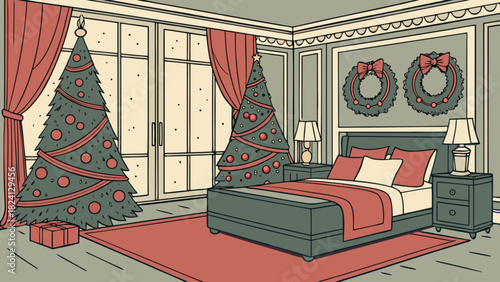 Christmas decorated bedroom interior with two festive fir trees by a large window, a cozy bed with red linens, bedside lamps, and decorative wreaths on the wall, hand drawn cartoon art