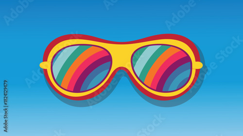 Vibrant rainbow lens aviator sunglasses against a blue sky