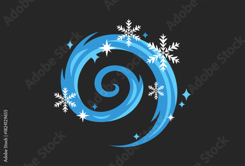 Snow swirl vector illustration, hand drawn winter element with cold wind, snowflakes and stars Xmas mood design