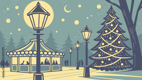 Winter holiday night scene illustration featuring a decorated christmas tree, glowing street lamps, and a festive market stall with people under a serene night sky with moon and stars.