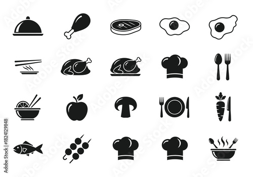 Collection of black and white food and chef icon set