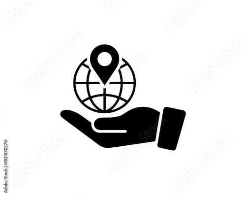 Hand holding a globe with a location pin on top representing global positioning system concept idea