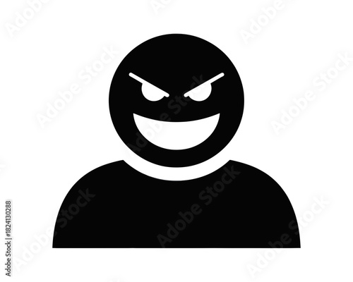 Black silhouette of a person with an evil grin and glowing eyes on a white plain background image