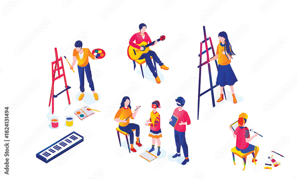 Fototapeta premium Isometric set of people enjoying creative hobbies like music and art vector (6)
