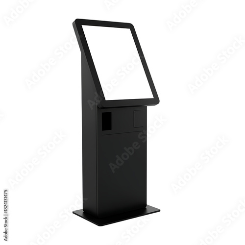 Black information kiosk mockup with blank screen isolated on black background