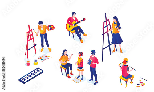 Isometric set of people enjoying creative hobbies like music and art vector (6)