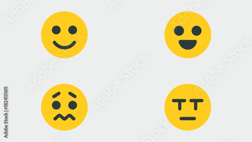 A collection of four yellow circular emojis displaying various expressions on a white background plain style