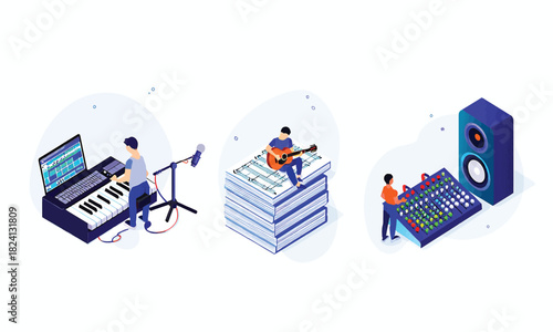 Music Production Illustration Composer, Musician, and Sound Engineer at Work