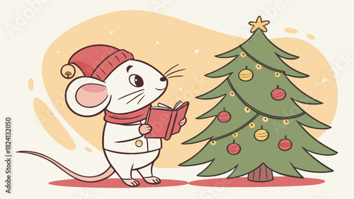 Cute cartoon mouse wearing a red winter hat and scarf, reading a book or singing carols beside a decorated christmas tree, symbolizing festive winter celebrations and holiday cheer illustration.