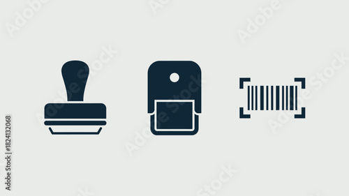 A simple illustration of a rubber stamp, self inking stamp, and a barcode on a light background