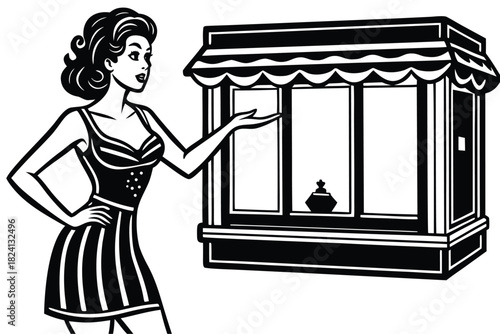 Pop Art Comic Woman Presenting Shop Window Vector