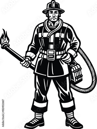 Pop Art Comic Firefighter Holding Hose Vector Illustration