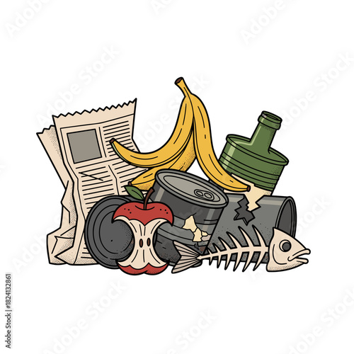 garbage, trash, waste material, household waste, rubbish disposal, waste management, litter, discarded items, landfill waste, recycling contrast, environmental concern, waste bin contents, unwanted de