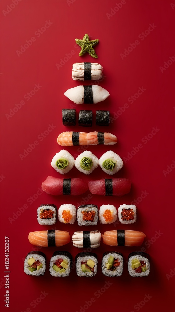 Fototapeta premium Christmas tree made of sushi and rolls on an isolated background