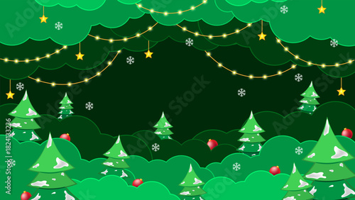 Green tress and snow with environment bushes and red balls, clouds with yellow bulbs and shining stars for Christmas background template