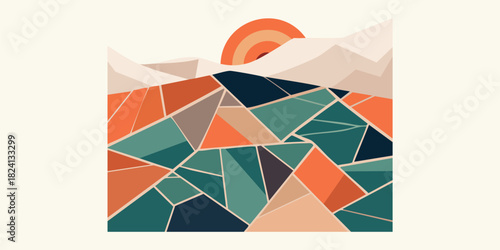 Abstract geometric landscape illustration showcasing a vibrant sunrise or sunset over stylized mountains and fields, rendered with warm and cool earth-toned polygons