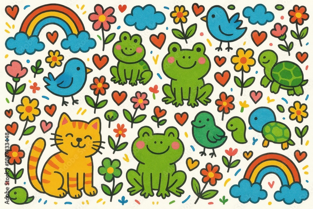 Obraz premium Bright and cheerful doodles of cats, a frog, a turtle, birds, flowers, and a rainbow create a joyful nature-inspired pattern full of color and charm.