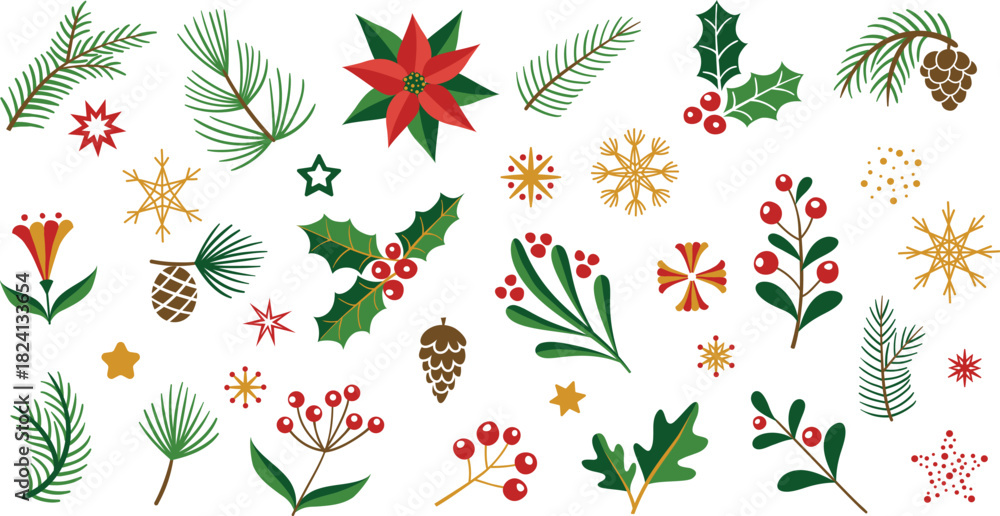 Obraz premium Winter Foliage collection with Holly, Pinecones, Berries and other plants for Christmas