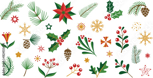 Winter Foliage collection with Holly, Pinecones, Berries and other plants for Christmas