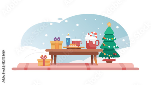 Cozy winter holiday illustration featuring a festive christmas tree, warm mugs with whipped cream and candy canes, sweet pastries, and gift boxes, evoking seasonal cheer