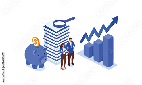 Business team analyzing savings and investment for financial growth vector illustration