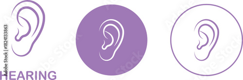 Hearing ear icon set collection group in black flat line style, auditory sense symbol illustration pack of sound listening signs, outline ear graphic bundle for sensory perception elements