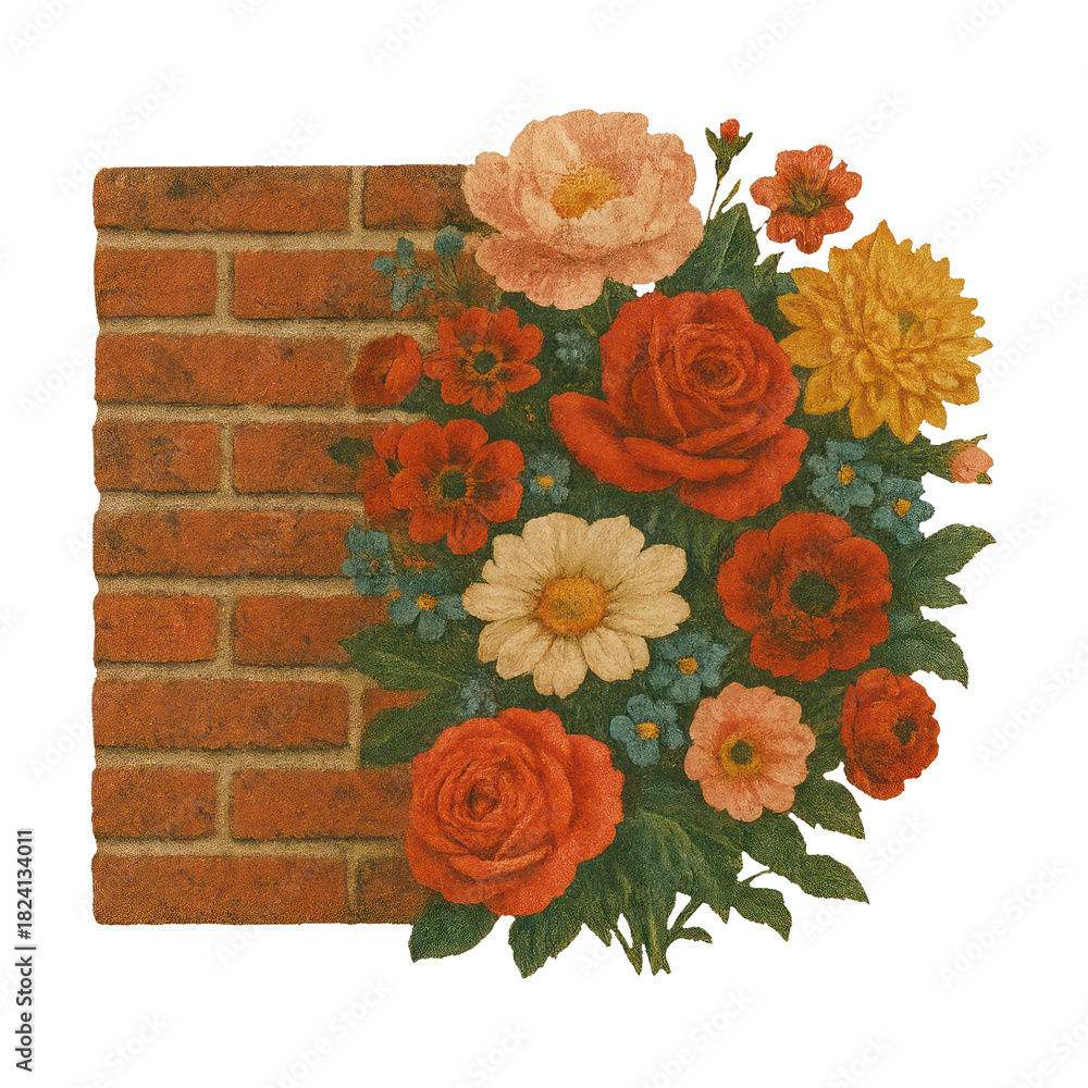 Naklejka premium PNG Vintage floral arrangement against brick