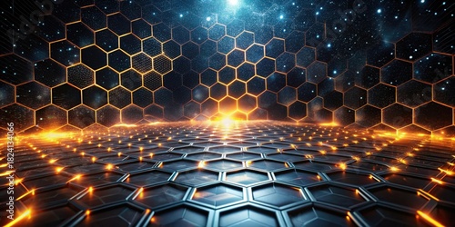 Futuristic Hexagonal Grid Illuminated with Glowing Orange and Blue Lights Against a Dark Background