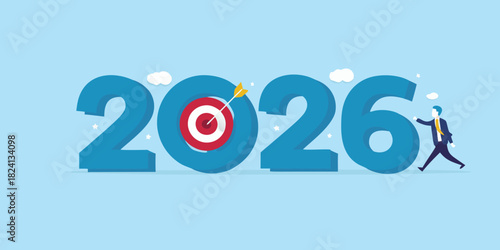 Businessman reaching 2026 goals with target and arrow