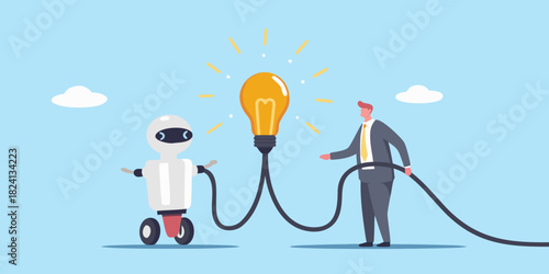 Man and robot connect to a bright idea lightbulb