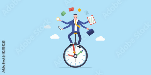 Multitasking businessman juggling tasks on a clock unicycle