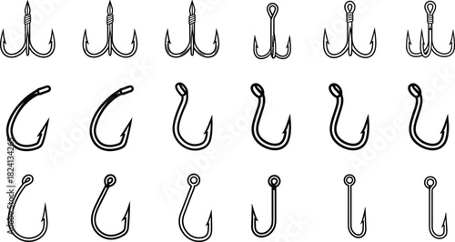 Diverse fishing hooks vector collection. Set of various treble, single, curved, and straight barbed tackle for fly fishing and angling equipment icons.