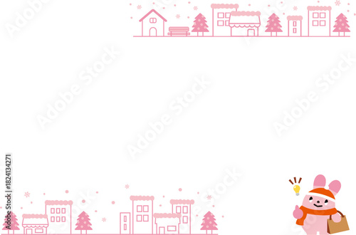 閃いた買い物うさぎと冬の街並みのフレーム