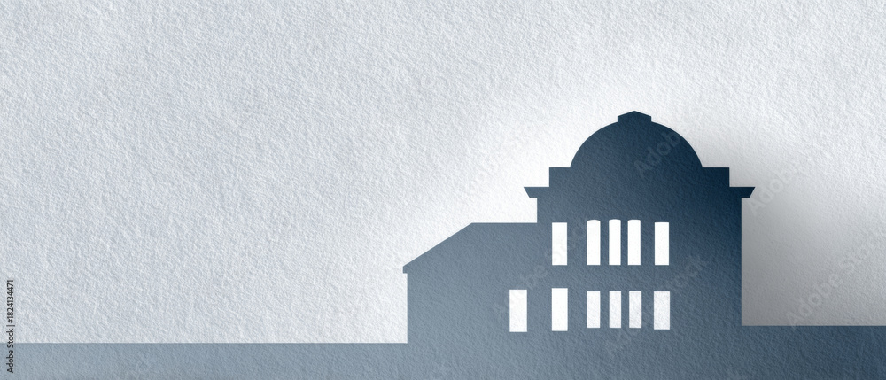 Fototapeta premium Minimalist paper cutout of a classical building silhouette with dome and columns casting shadow on textured white background