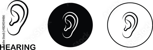 Hearing ear icon set collection group in black flat line style, auditory sense symbol illustration pack of sound listening signs, outline ear graphic bundle for sensory perception elements
