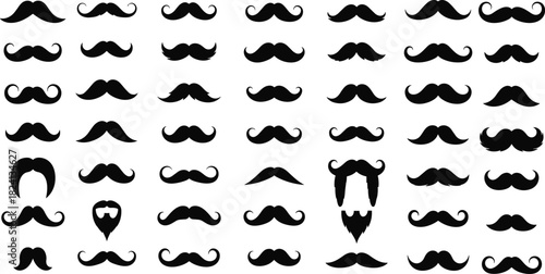 Huge Set of Black Mustache and Beard Silhouettes Vector Icons - Vintage, Hipster, and Gentleman Facial Hair Styles Collection