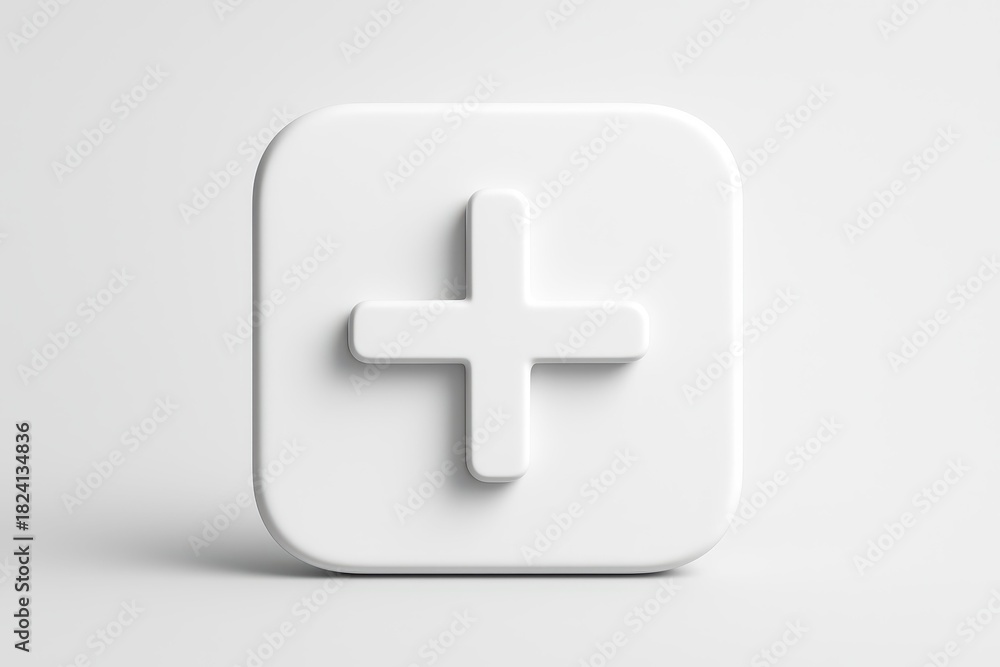 Obraz premium A clean white 3D plus symbol centered on a rounded square button, representing adding, creating, or expanding elements in digital interfaces.
